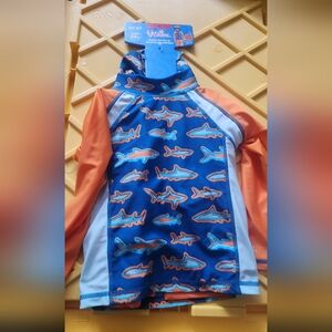 UV Skin Blue and Orange Rashguard Swim Set with Shark Print